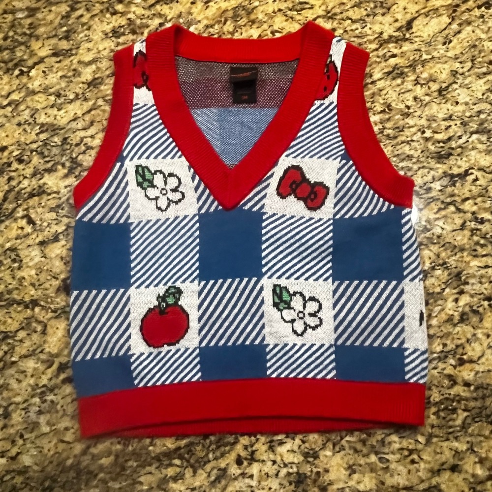 Hello Kitty Sanrio Sweater Vest Blue White Checkered Red Trim Bow‎ Apple Small